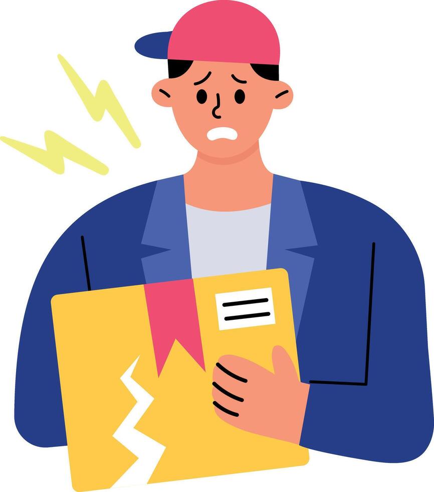A flat style illustration showing a person holding damaged parcel vector