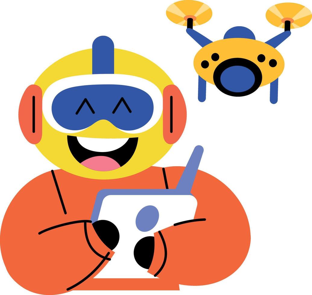 A flat style illustration showing a character flying drone vector
