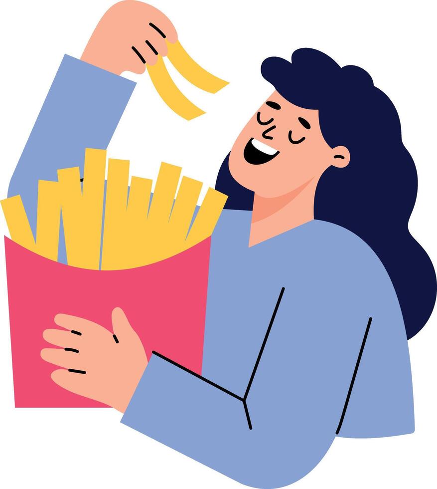 A flat style illustration showing person eating fries happily vector