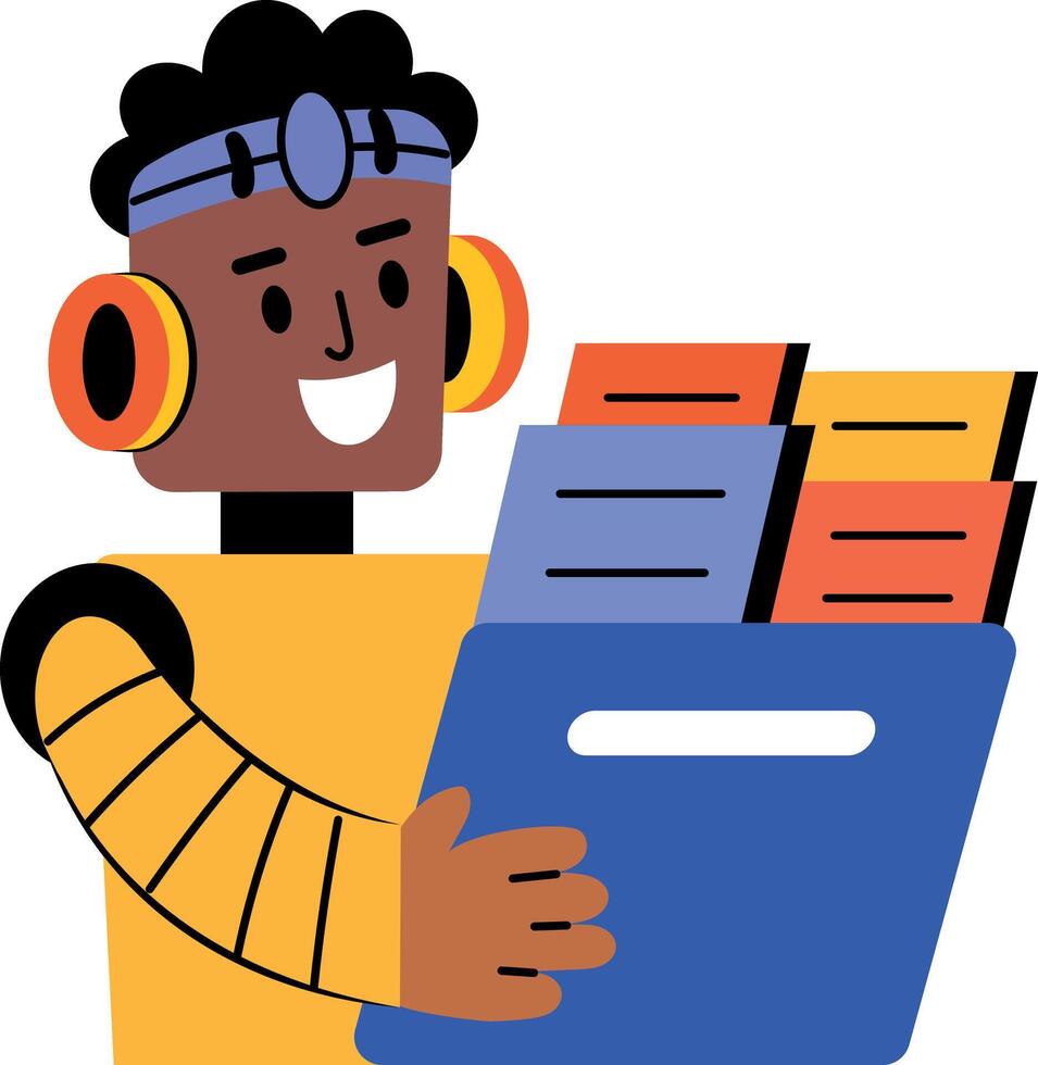 A flat style illustration showing a robot organizing files vector