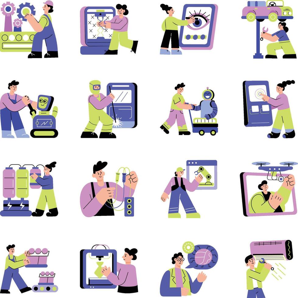 Pack of Flat Style Machine Art Illustrations vector