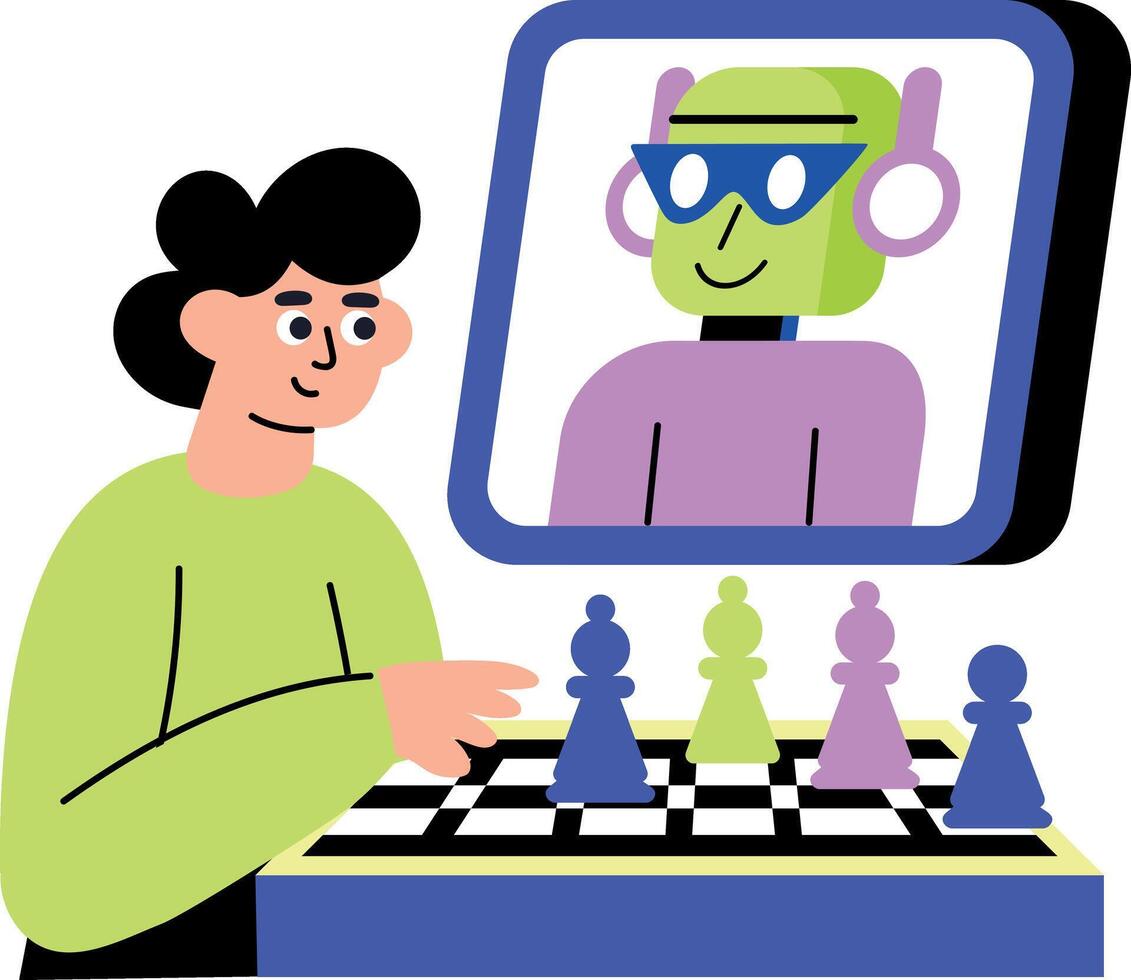 Flat style illustration showing a character playing robot chess vector