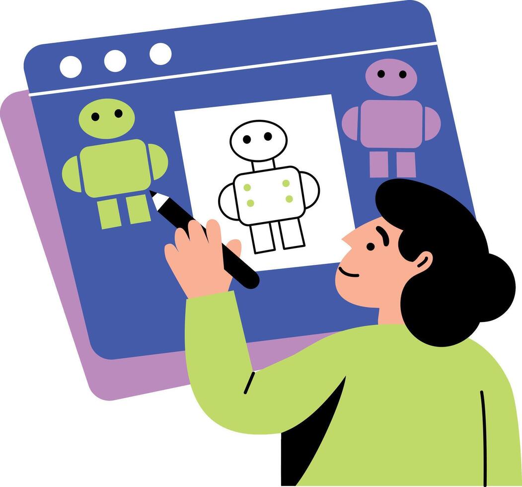 Flat style illustration showing a character making robot blueprint vector