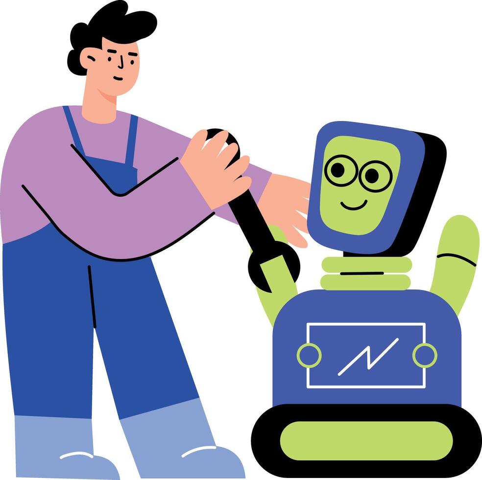 A flat style illustration showing a robot technician vector