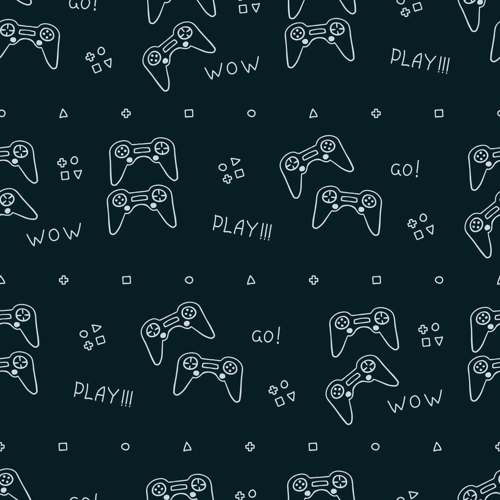 Seamless pattern with hand drawn doodle gamepads and handwritten games lettering, cute game controllers. White doodles on dark background vector