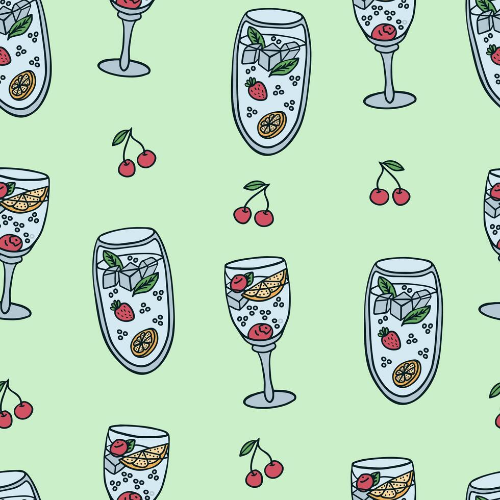 Seamless pattern with hand drawn doodle summer cocktails with berries, citrus, mint leaf, ice cubes in glasses, cherry on light green background vector