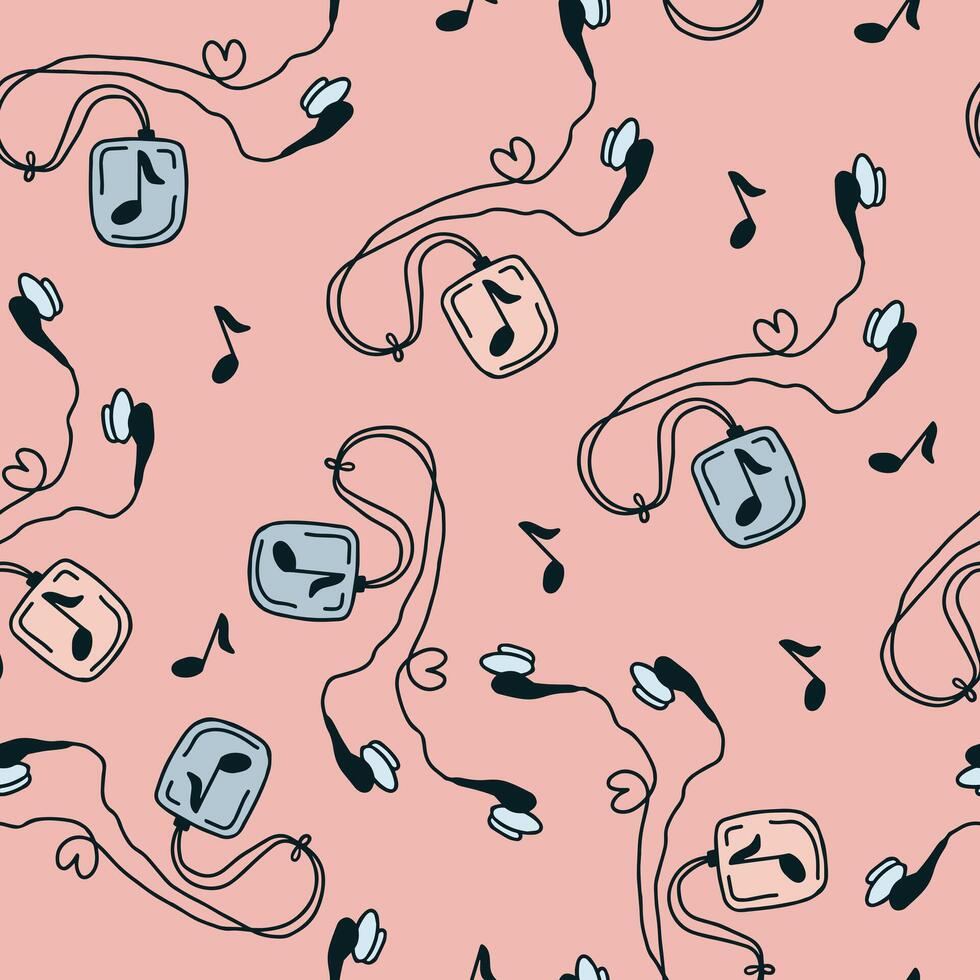 Seamless pattern with hand drawn doodle simple wired headphones with music source with musical note, heart shape vector