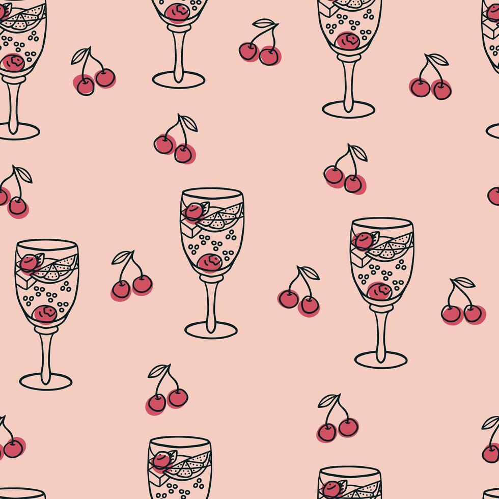 Seamless pattern with hand drawn doodle summer cocktail with cherry, citrus, mint leaf, ice cubes in glass on stem on light pink background vector
