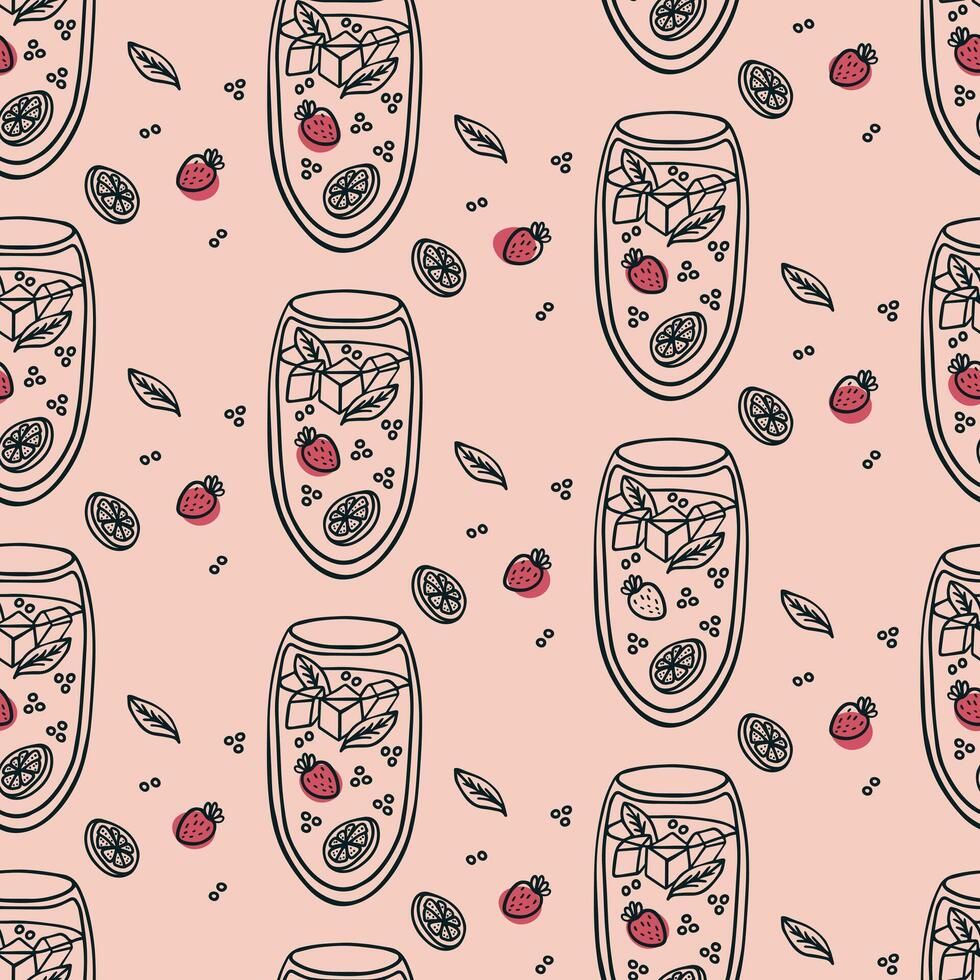 Seamless pattern with hand drawn doodle summer cocktail with strawberry, citrus, mint leaf, ice cubes in glass on light pink background vector