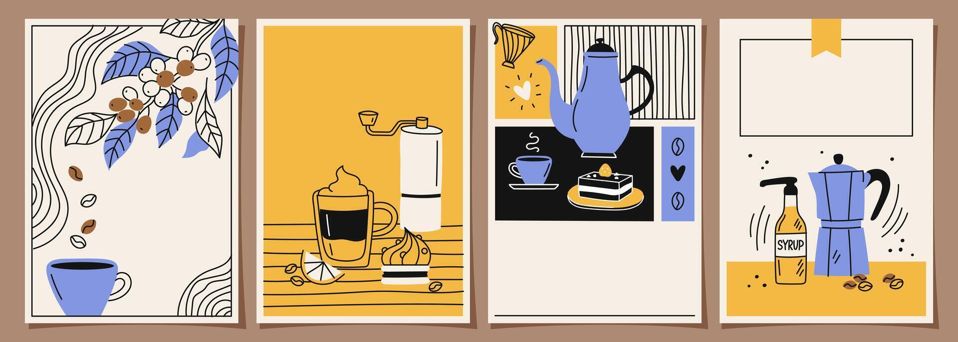 Set of poster designs with coffee beans and leaves on minimal background for invitations, cards, covers, cafe menu or other design template. doodle illustration vector
