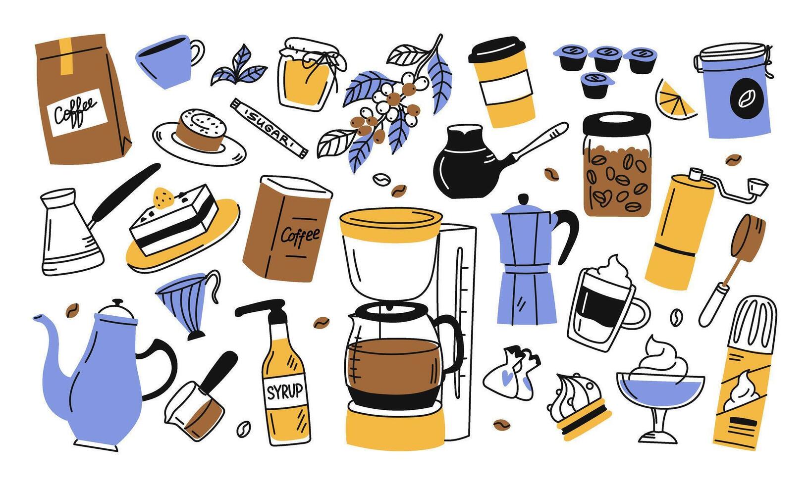 Set of colored doodle coffee, dessert. Group of objects. Hand drawn isolated illustration vector