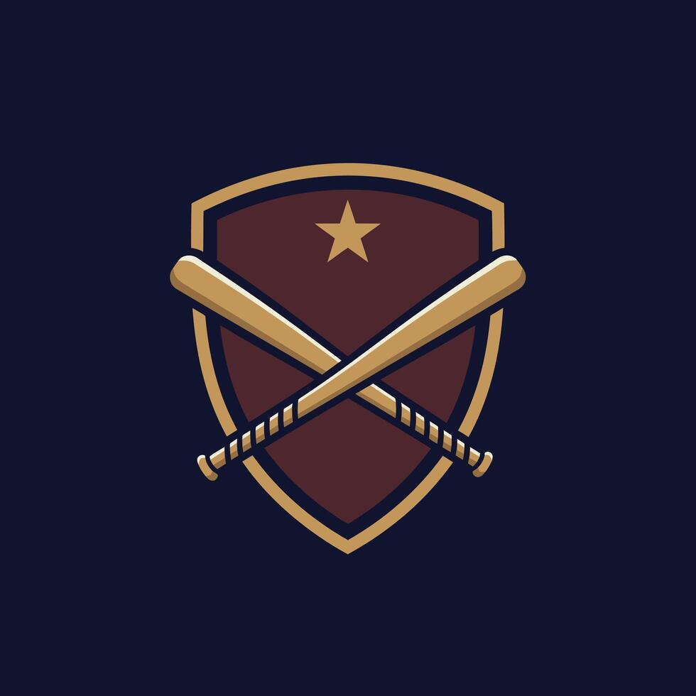 Crossed baseball bats over a shield with a star logo design vector