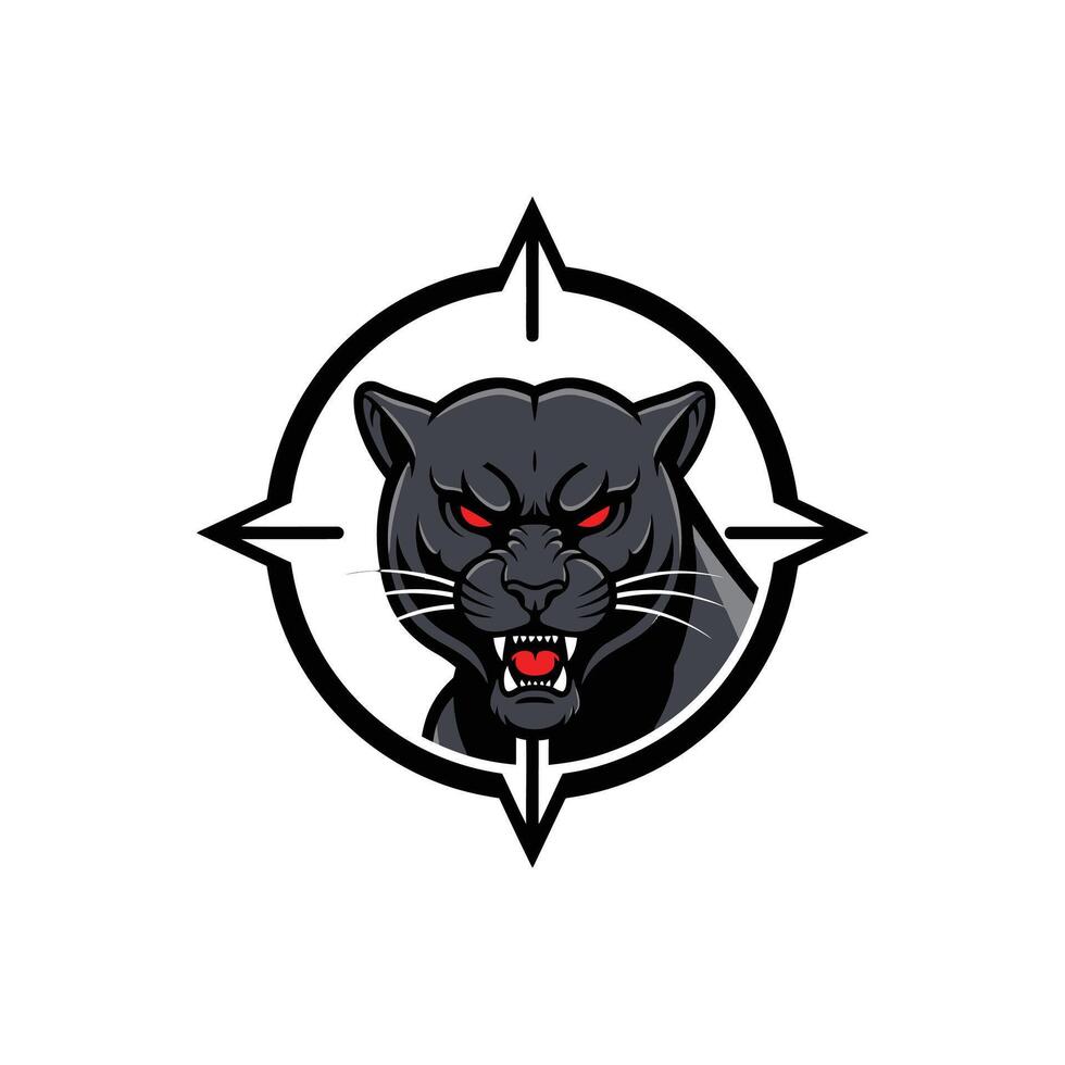 Black panther head logo design with a crosshair on it vector