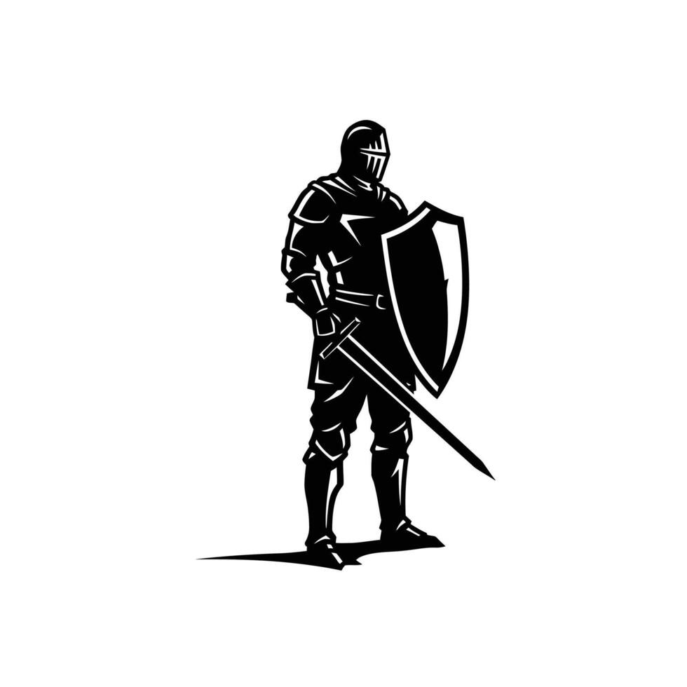 black and white silhouette of a knight with a sword logo design vector