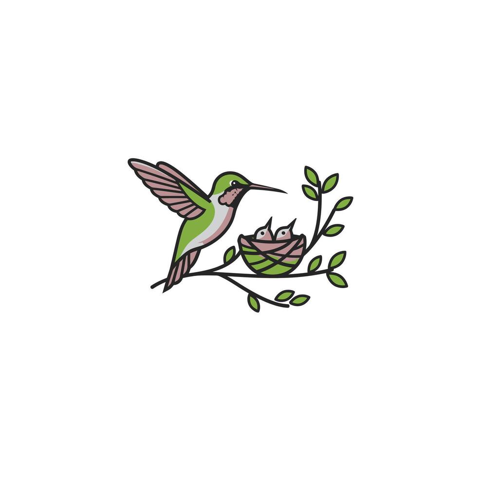 Humming bird next to a nest with two chicks logo design vector