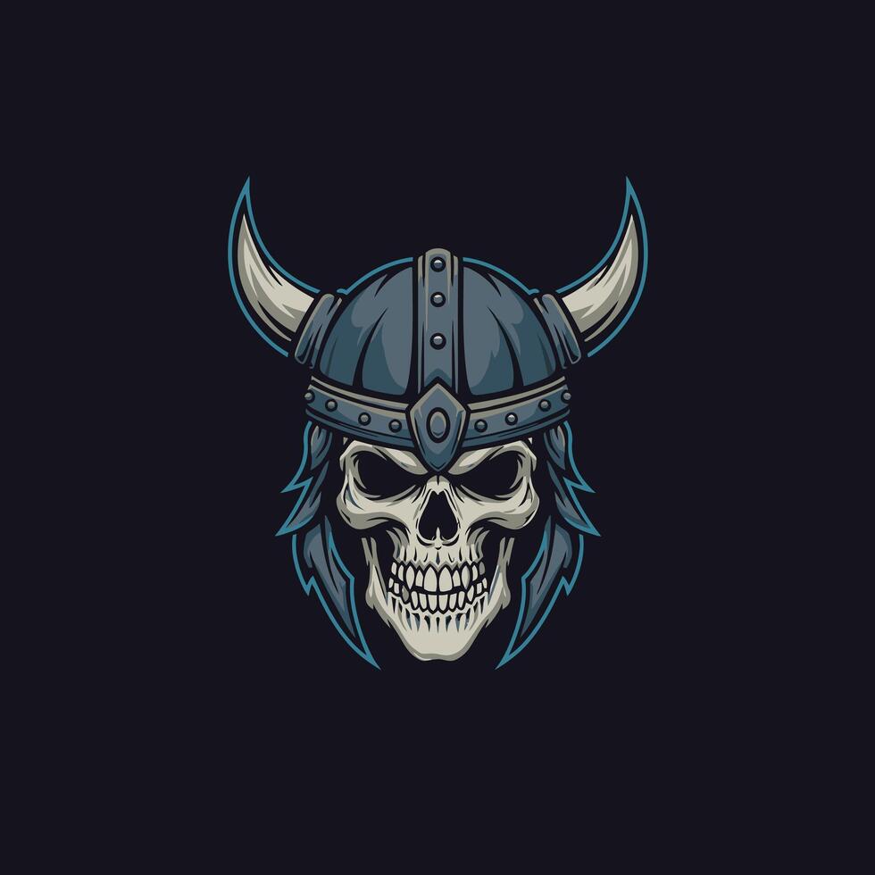 Skull in Viking helmet with horns logo design on a black background vector