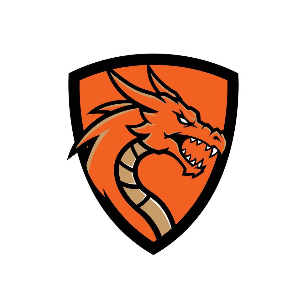 Orange dragon head on a shield logo design vector