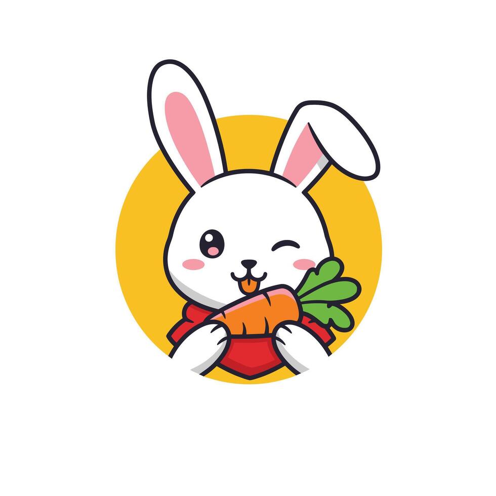 Cartoon rabbit with a wink holding a carrot logo design vector