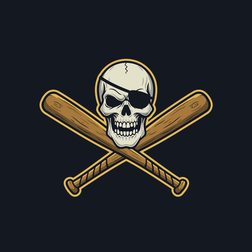 Skull with eyepatch logo design with crossed baseball bats vector