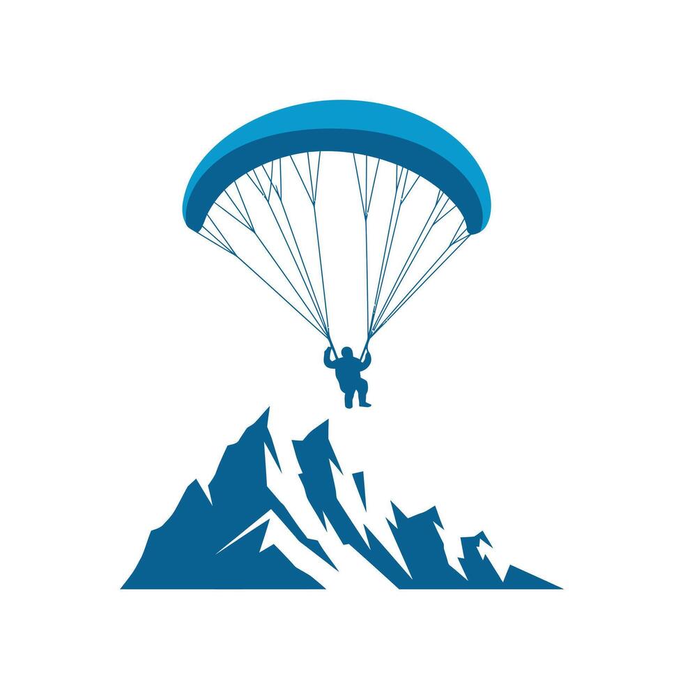 Paraglider flying over mountains logo design in blue and white color scheme vector