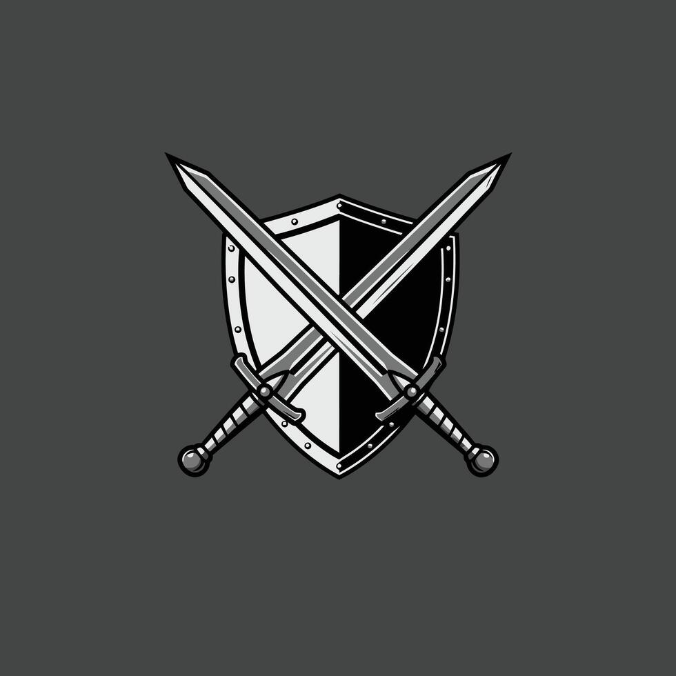 Two swords crossed in front of a black and white shield logo design vector