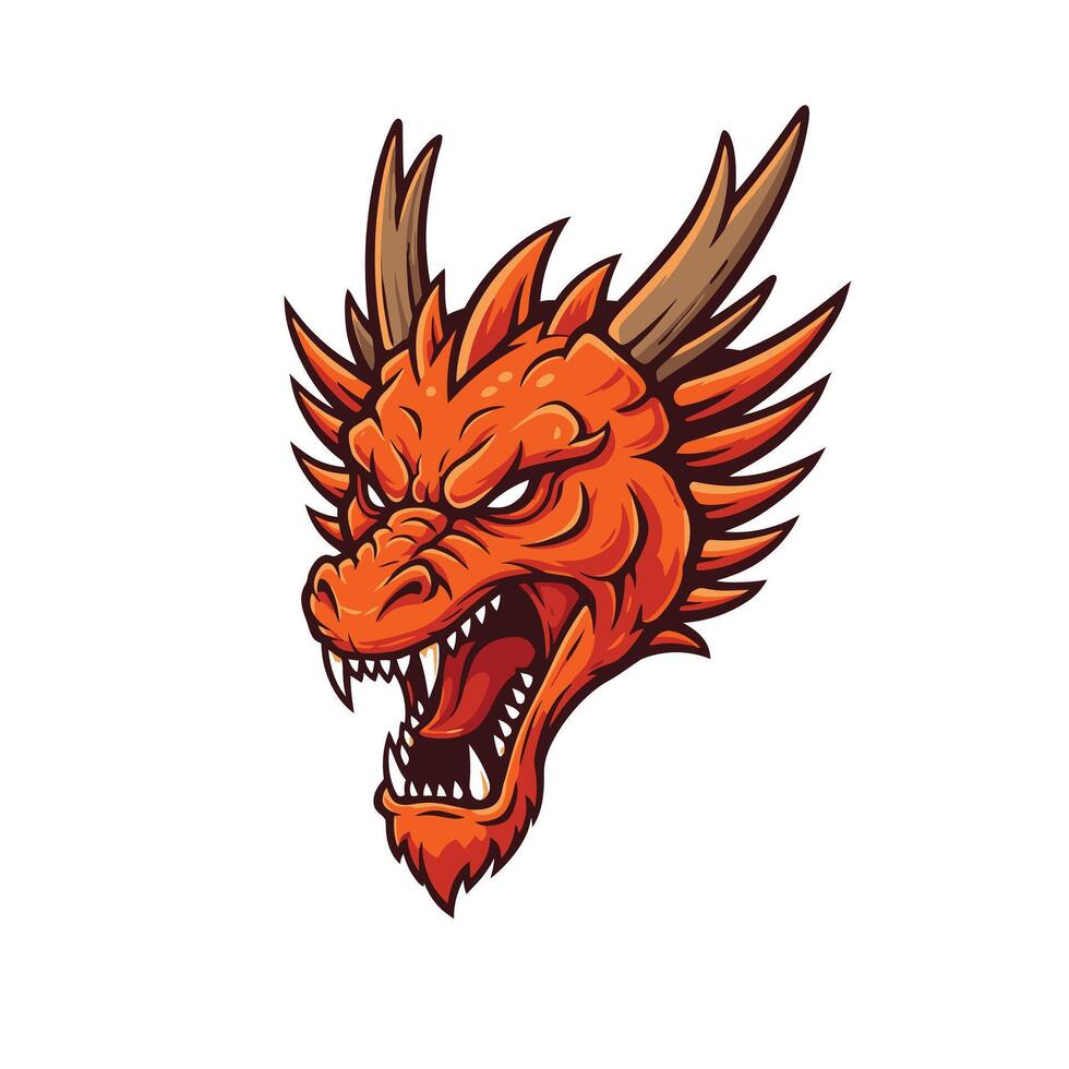 Orange dragon head logo design with horns and fangs vector