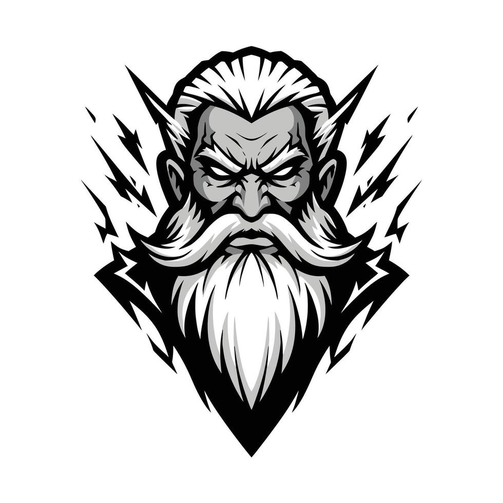 Old man with a beard and lightning bolts around his head logo design vector
