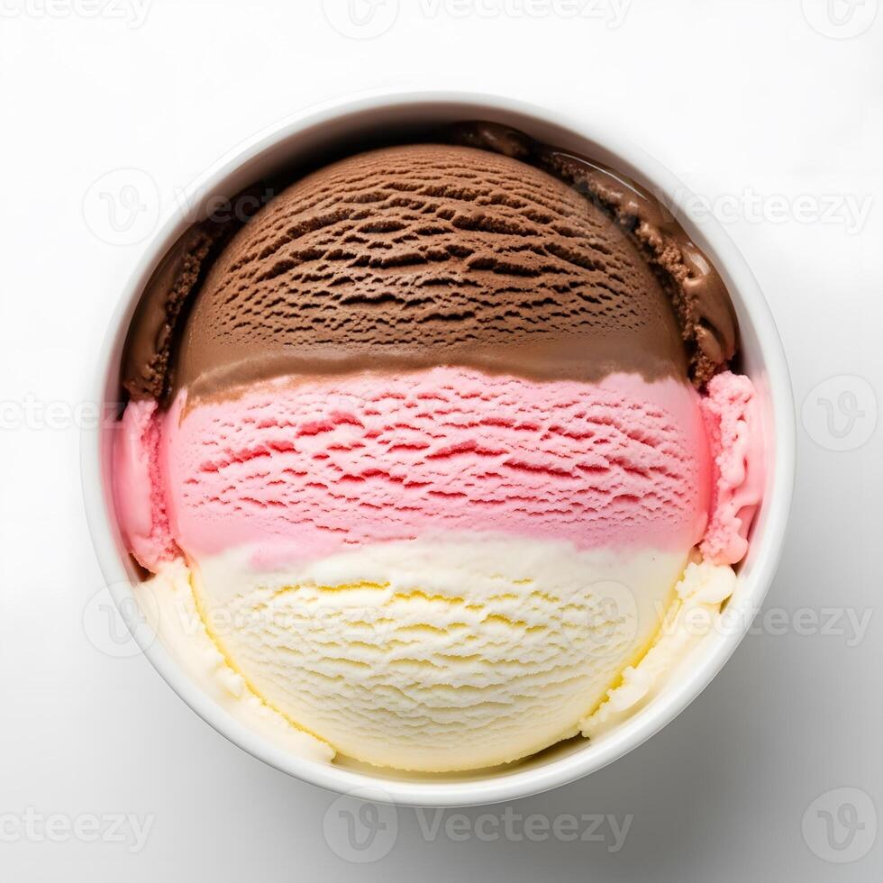 An ice cream bowl with three different colors of ice cream photo
