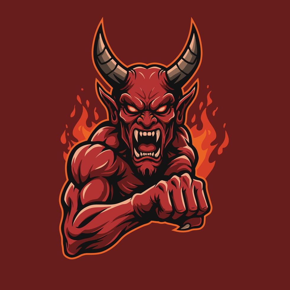 Devil mascot with horns and flames logo design vector