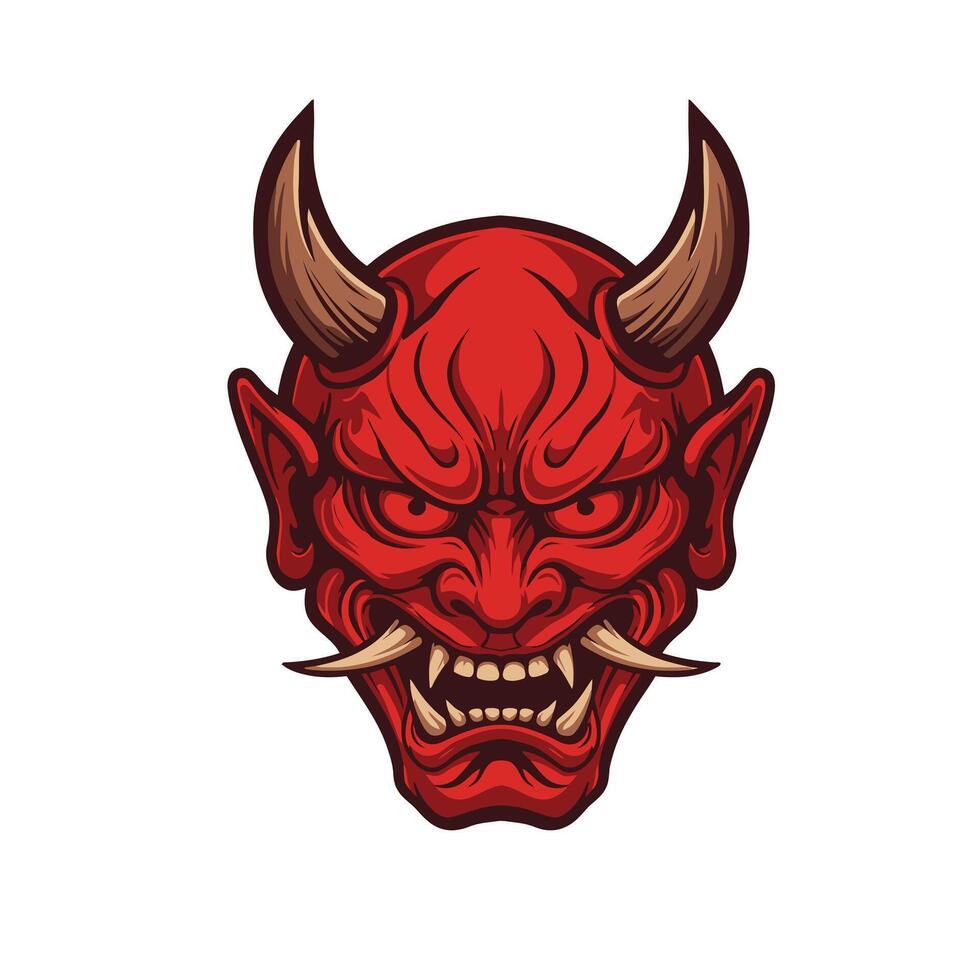 Red devil head logo design with brown horns vector