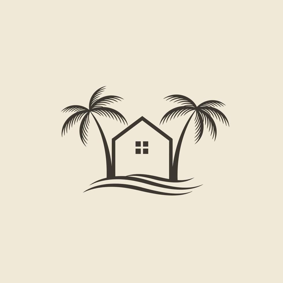 House with palm trees located in front of a beach logo design vector