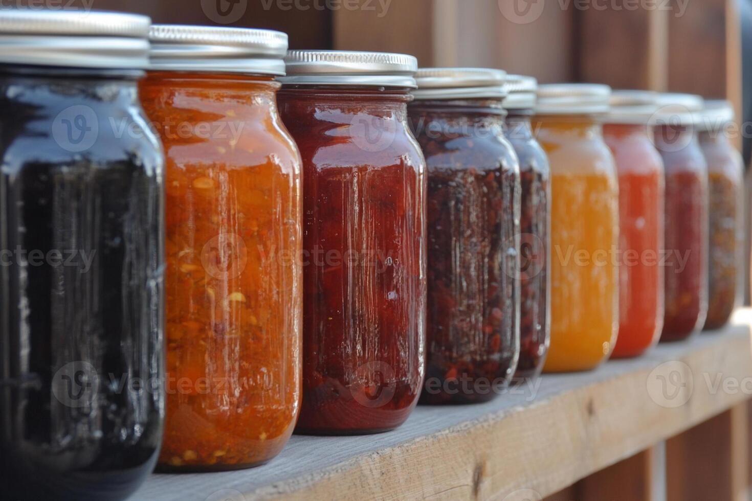 A row of jars with different colored jams on them photo