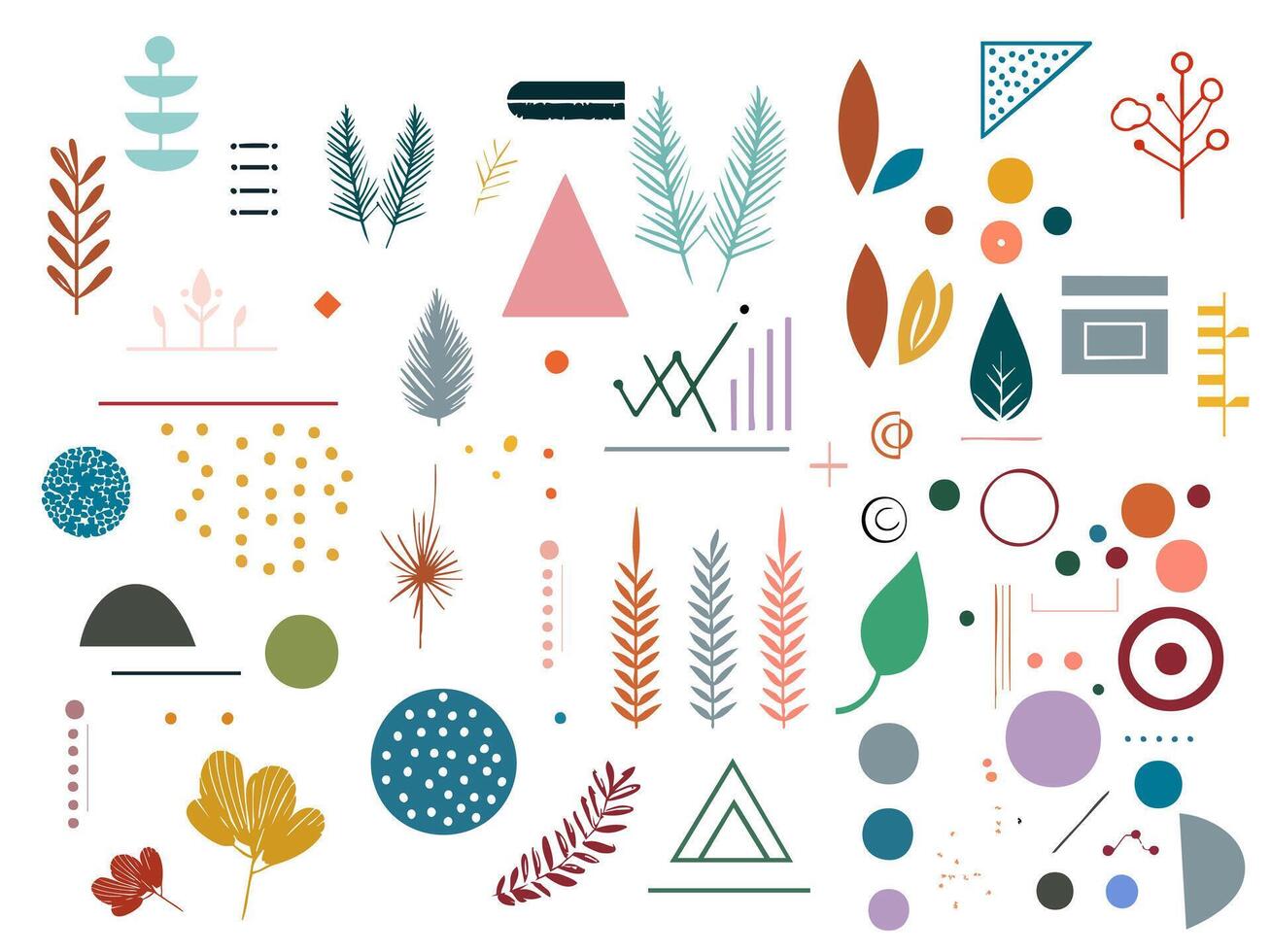 Colorful abstract graphic design elements featuring geometric shapes, leaves, and botanical patterns vector
