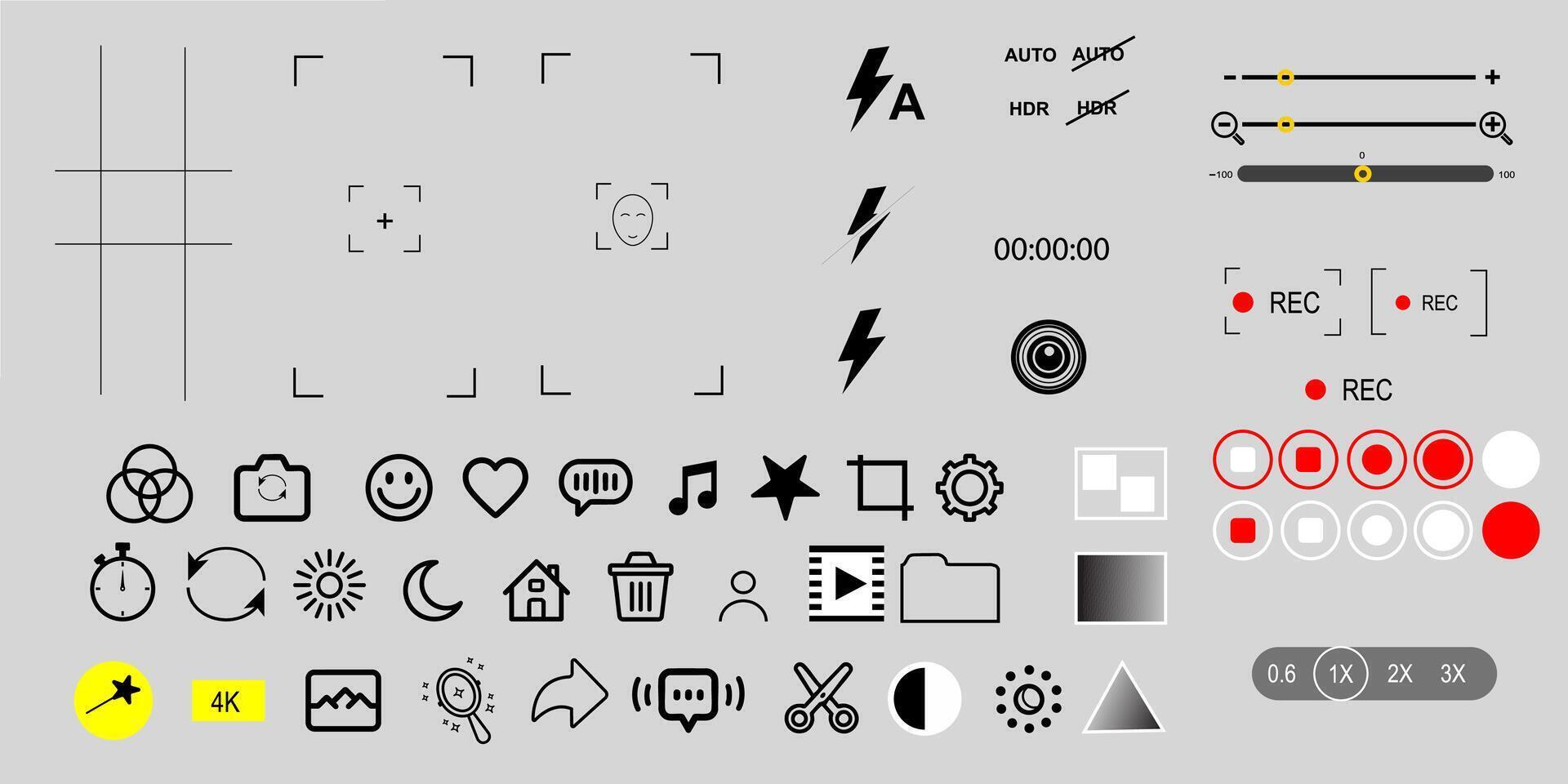 Mobile Camera App Icons, Interface and Recording UI Elements vector