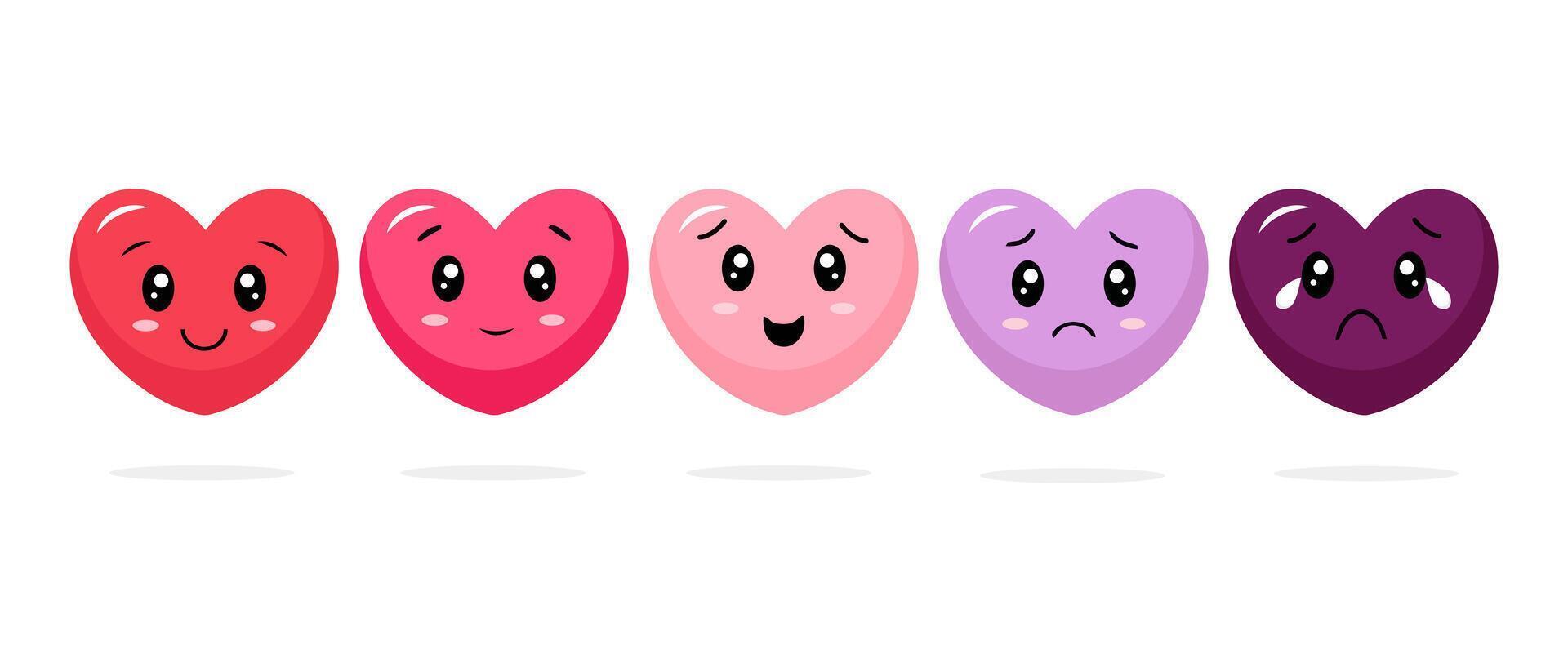 Heart Emoji Faces, Cute Emotional Expressions from Happy to Sad in Pink and Purple vector