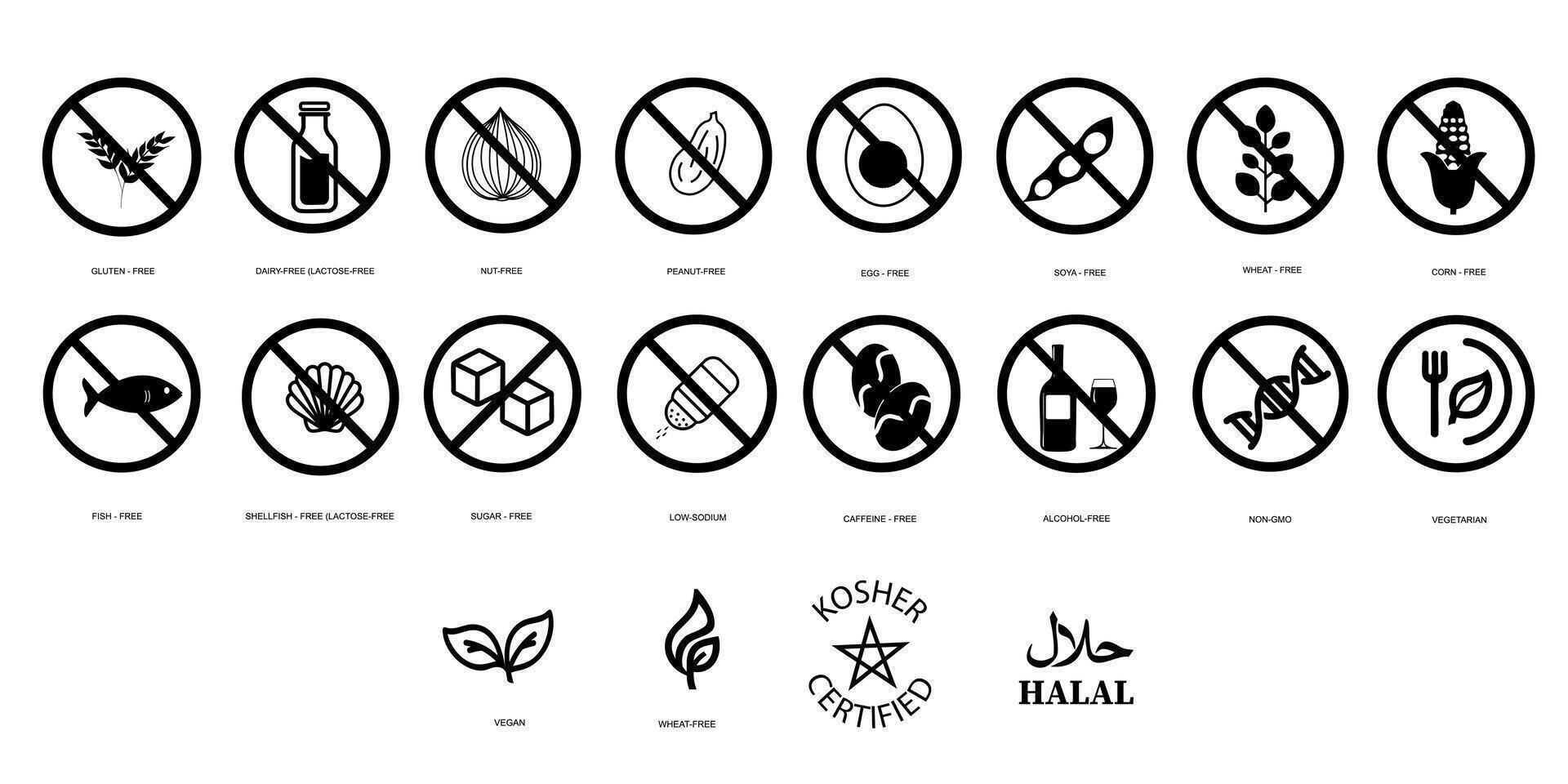 Allergen Free Icon, Clean Label No-Allergy Symbol Set for Packaging vector