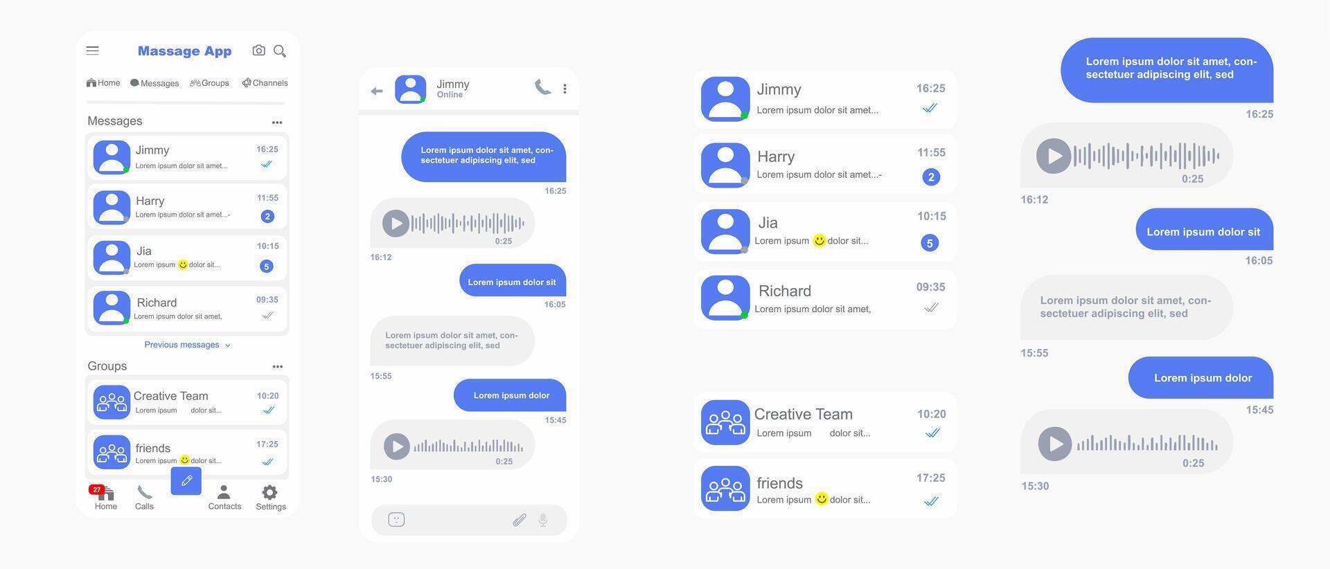 Messaging App UI Light Theme, Chat Application Interface Screens Design vector