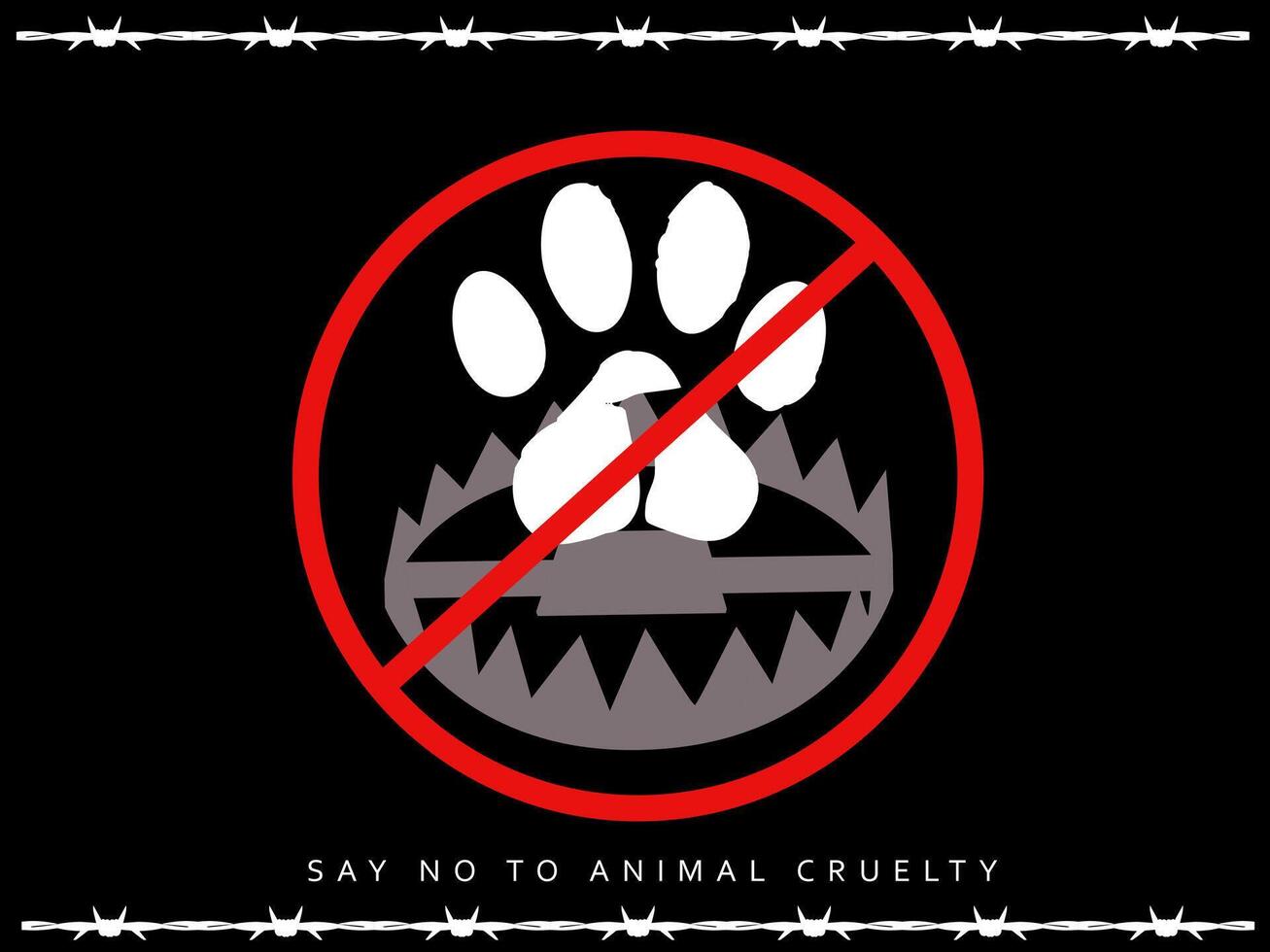 Anti Animal Cruelty Poster with Red Prohibition Paw and Trap Symbol. vector