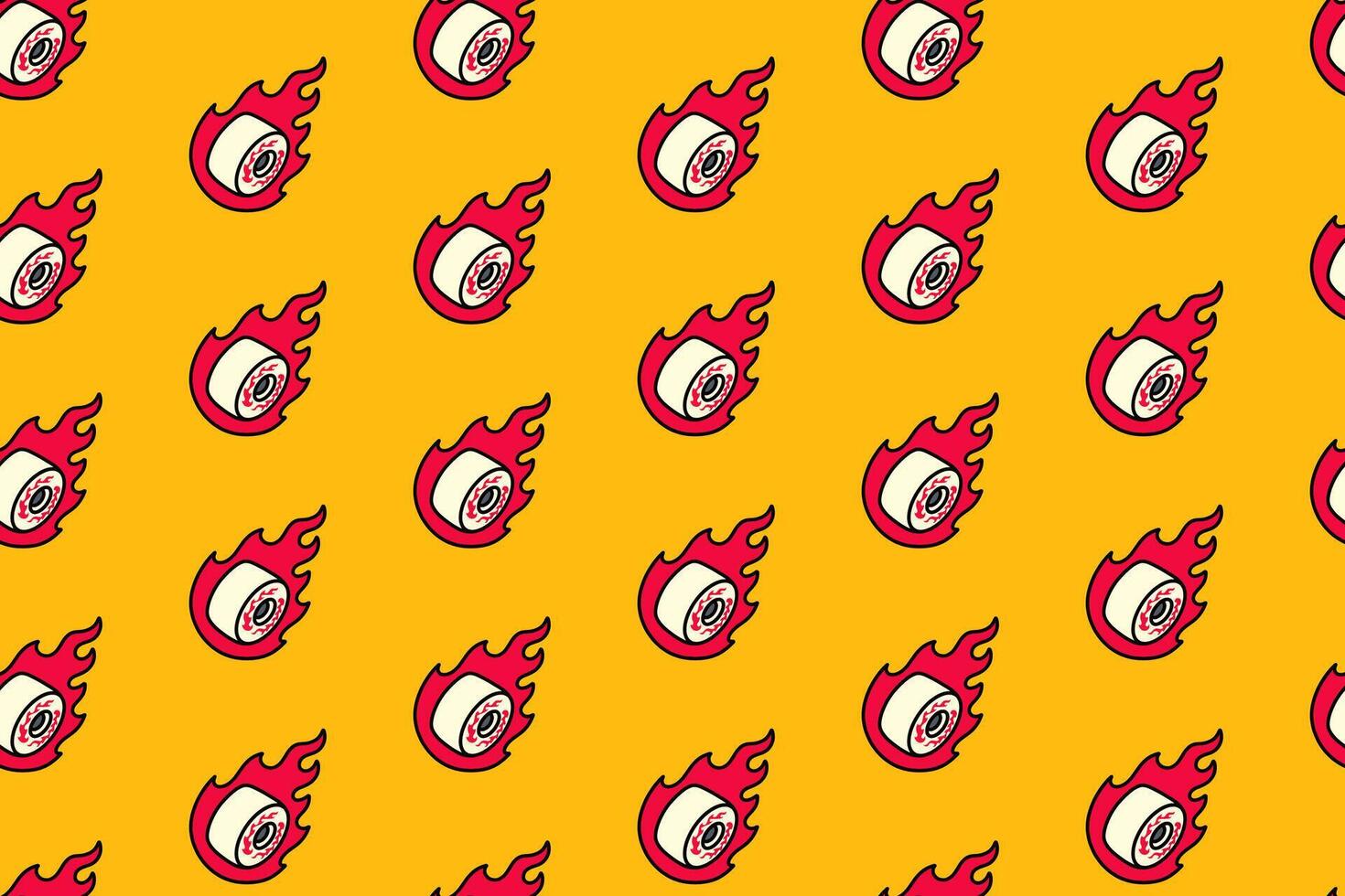 wheels skateboard with fire colorful pattern on yellow background. wheels skating with flame burning doodle seamless pattern background for skateboard sport and skate parts shop merchandise vector
