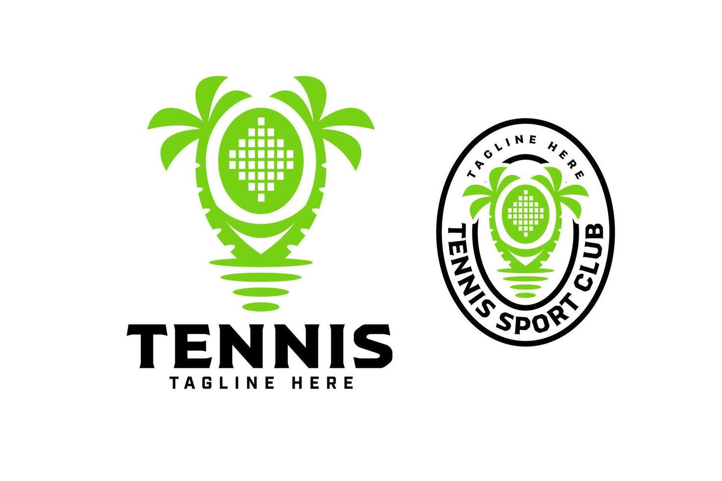 tennis racket with palm tree, sunrise and hammock line art illustration logo design. palm tree and hammock with tennis racket shape badge logo design set for tennis sport club and tournament vector