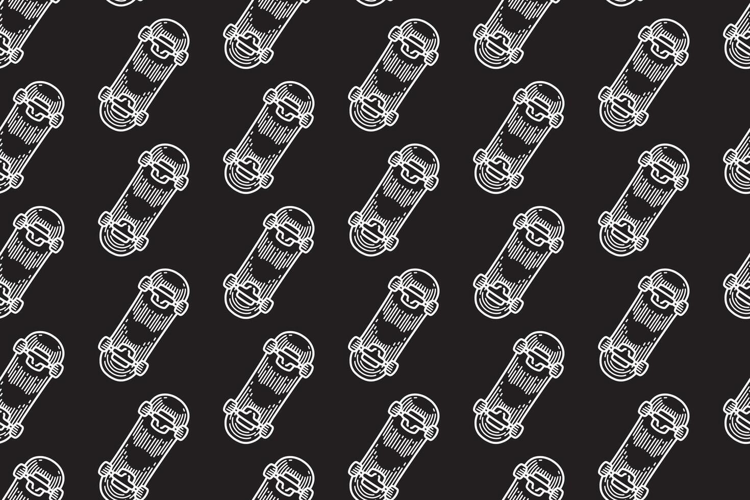 skateboard back flip line art seamless pattern on black background. retro skateboard engraving hatching pattern background for skateboard sport and skate parts shop merchandise vector
