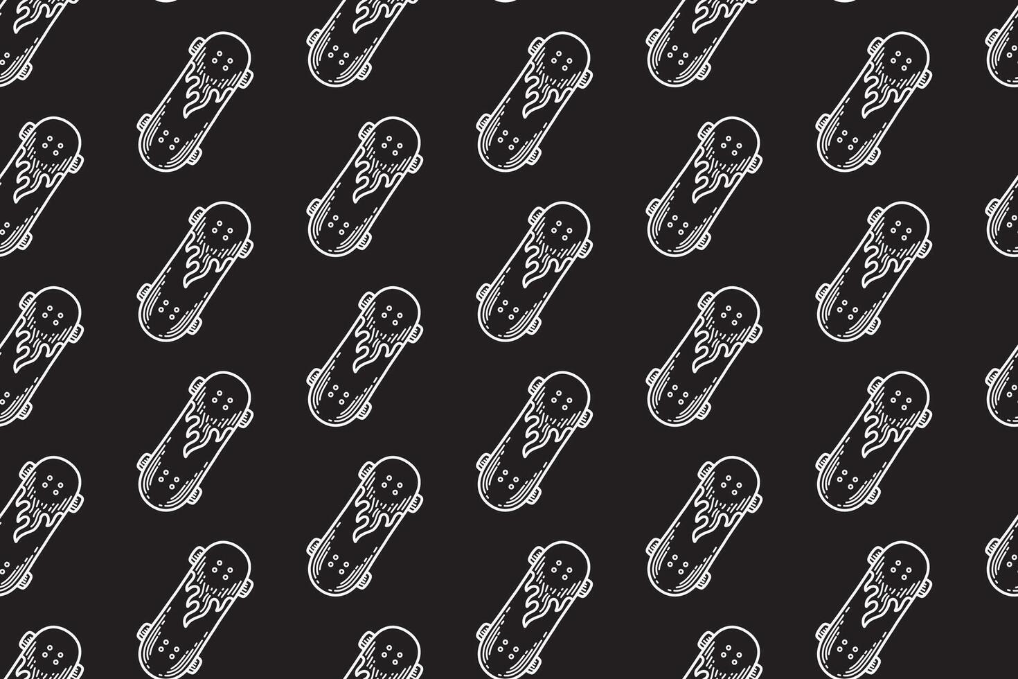 skateboard with fire motif line art seamless pattern on black background. retro skateboard with flame engraving hatching pattern background for skateboard sport and skate parts shop merchandise vector