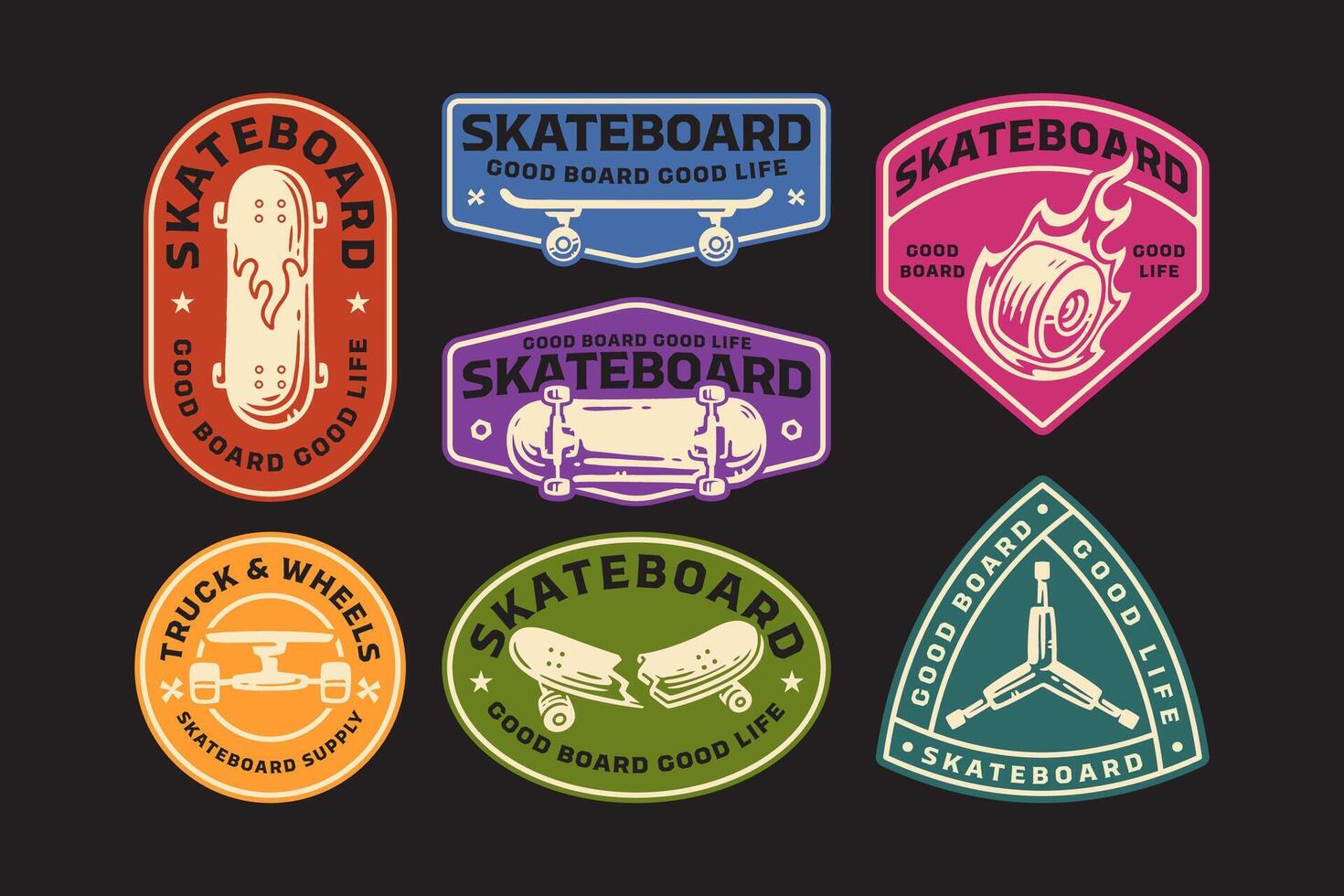 skateboard with fire, skating deck, wheel with fire, trucks and wheel, y key tools, broken board retro badge logo design collection set for skater, skateboarding sport and shop merchandise vector
