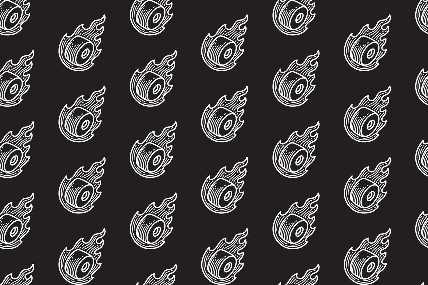 wheel skater with fire motif line art seamless pattern on black background. retro wheel skating with flame engraving hatching pattern background for skateboard sport and skate parts shop merchandise vector