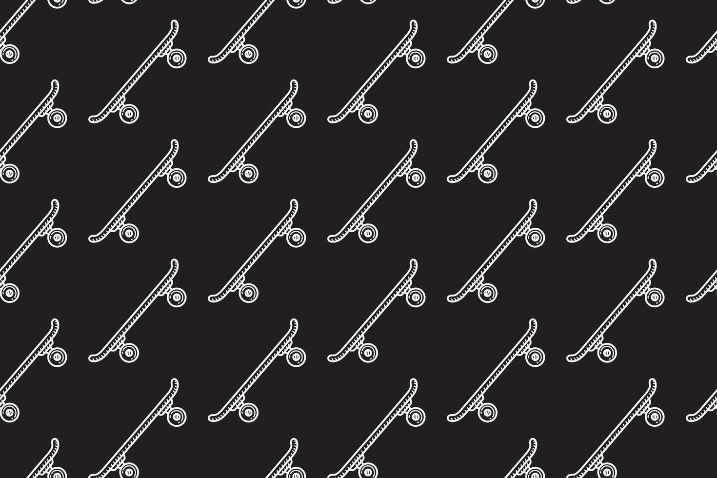 skateboard with side view line art seamless pattern on black background. retro skateboard engraving hatching pattern background for skateboard sport and skate parts shop merchandise vector