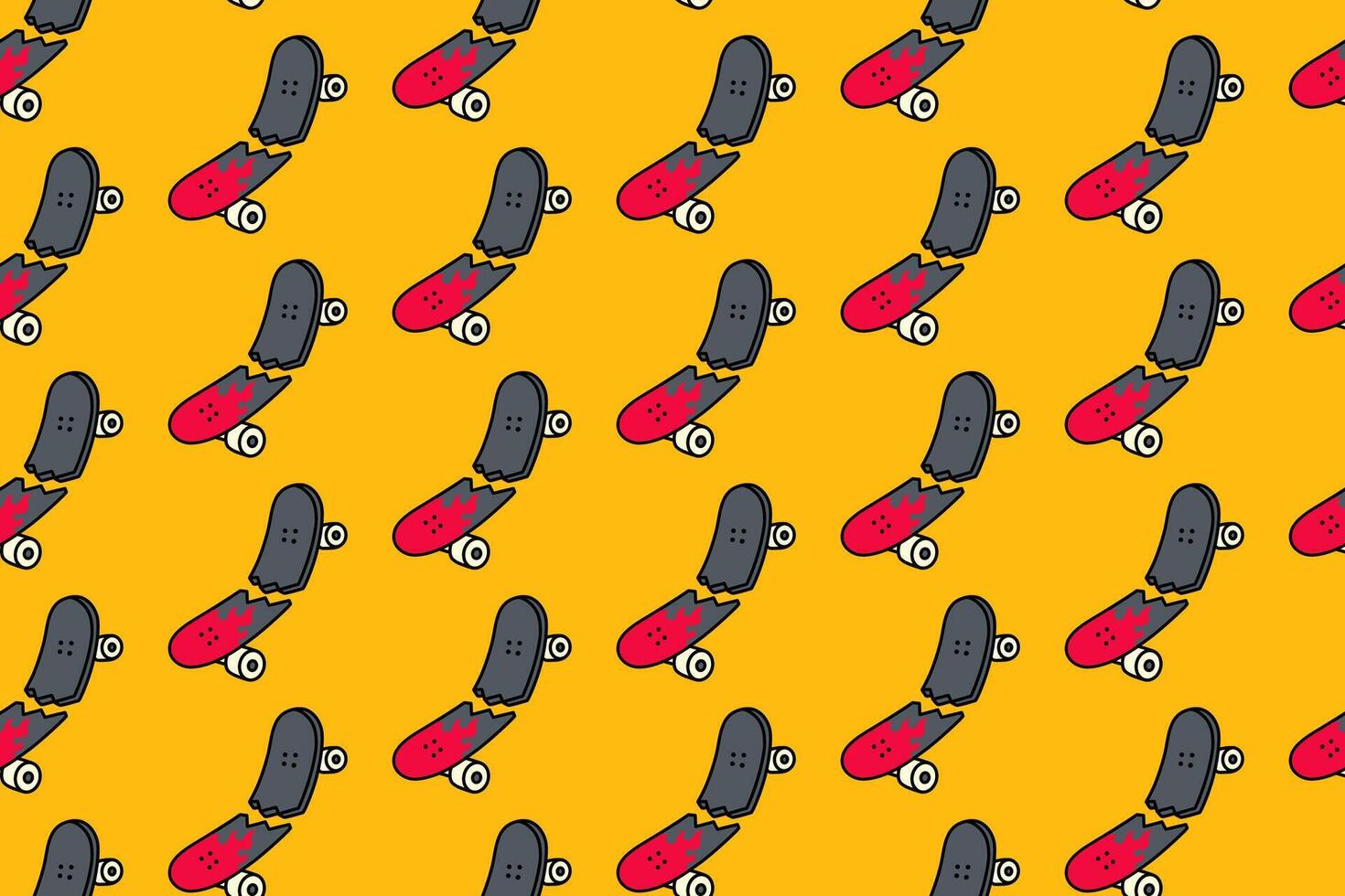 broken skateboard with fire motif colorful pattern on yellow background. breaking board with flame burning doodle seamless pattern background for skateboard sport and skate parts shop merchandise vector