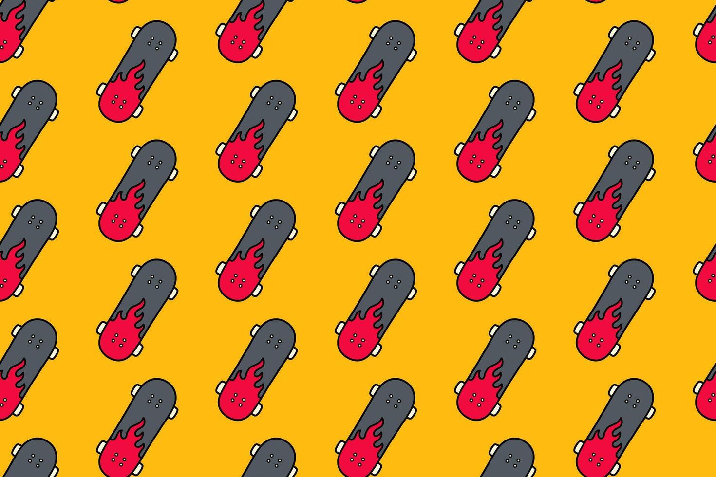 skateboard with fire motif colorful pattern on yellow background. skater board with flame burning doodle seamless pattern background for skateboard sport and skate parts shop merchandise vector