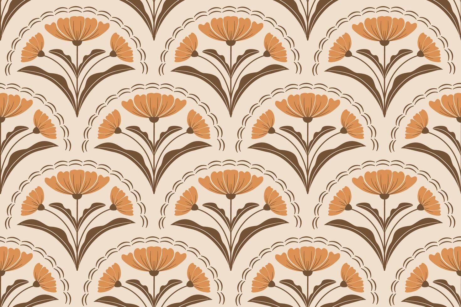 Seamless floral pattern showing yellow daisies with brown leaves complemented by dotted curves creating a rhythmic and elegant design on a soft yellow background. vector