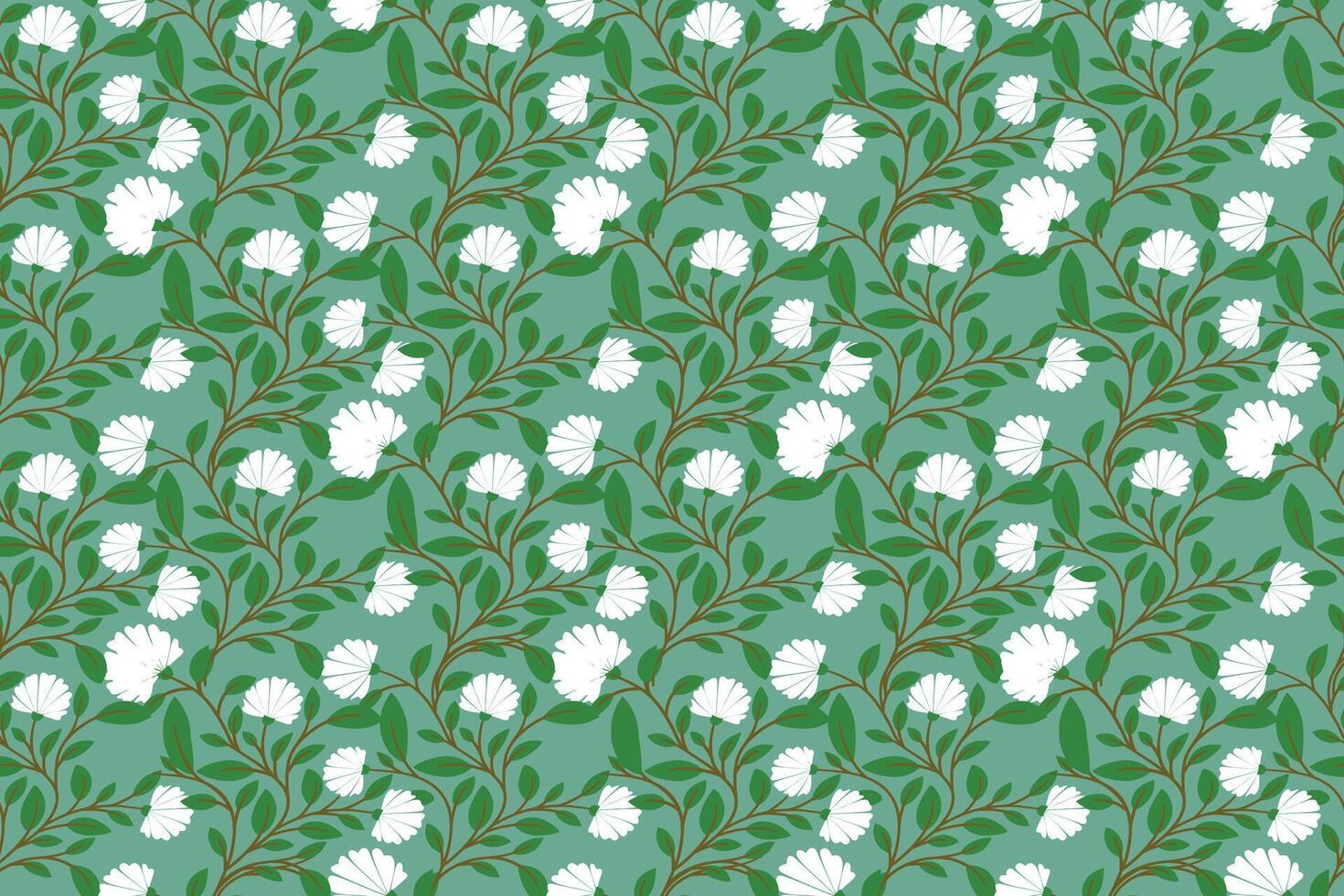 Seamless floral pattern of green leaves and small branches on a light green background with white flowers. Foliage design with natural elements suitable for watercolor projects in nature theme. vector