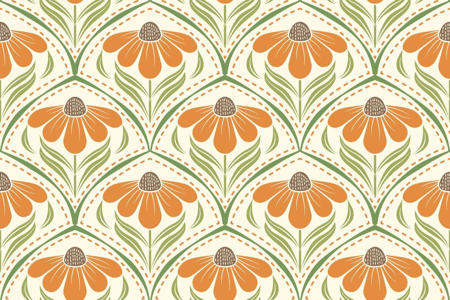 Seamless floral pattern showing yellow daisies with green leaves and brown tips complemented by dotted curves creating a rhythmic and elegant design on a soft yellow background. vector
